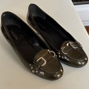 Prada Olive Patent Leather Loafers with Silver Hardware
